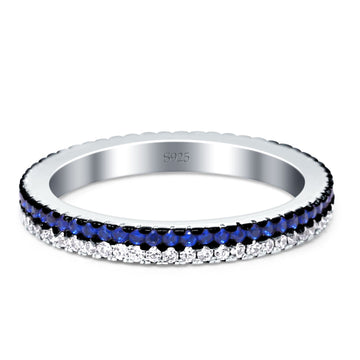 Full Eternity Rings Stackable Band Round Blue Sapphire Cubic Zirconia 925 Sterling Silver